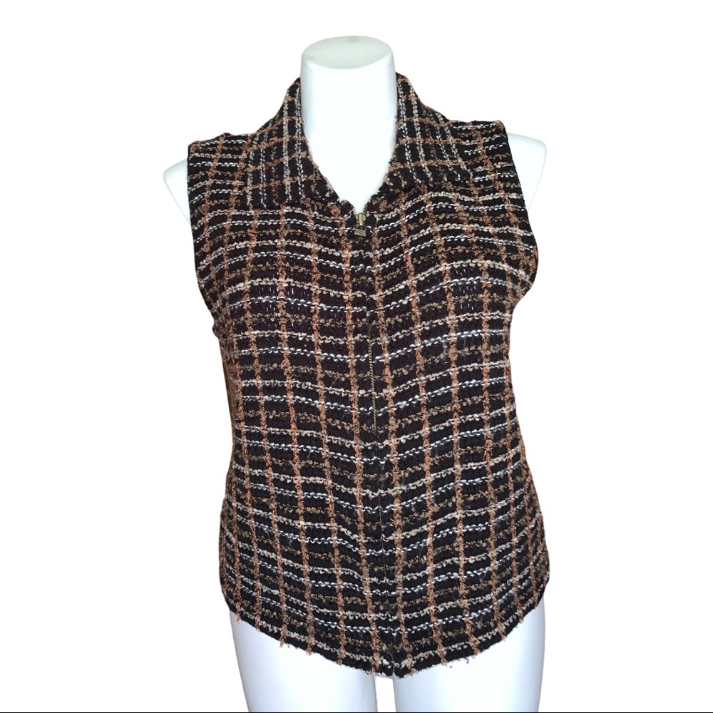 Christopher & Banks Women’s Tweed Plaid Zip Vest Sleeveless Top Size Large